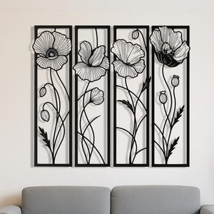 Poppy Flower Metal Wall Art Set of 4 | Botanical Floral Metal Decor | Modern Black Wall Hanging for Living Room, Bedroom, or Hallway