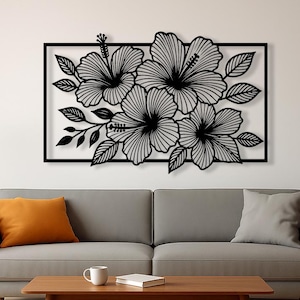 Kwiat hibiskusa Metalowa sztuka ścienna Czarny kwiatowy sylwetka Dekoracja ścienna Botaniczny panel metalowy Nowoczesny tropikalny kwiat ścienny wiszący prezent