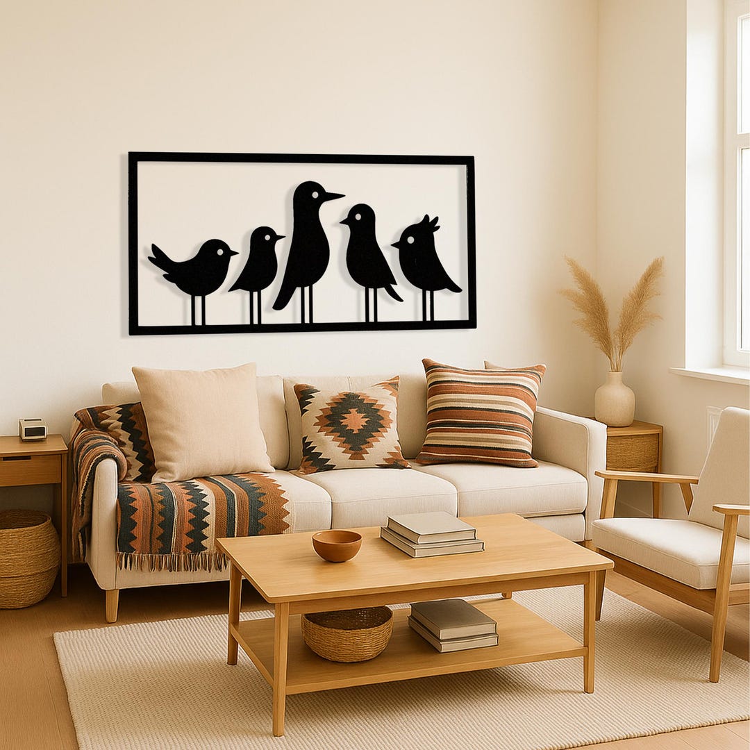 Bird Family Metal Wall Art Silhouette of Five Birds on Branch Modern ...