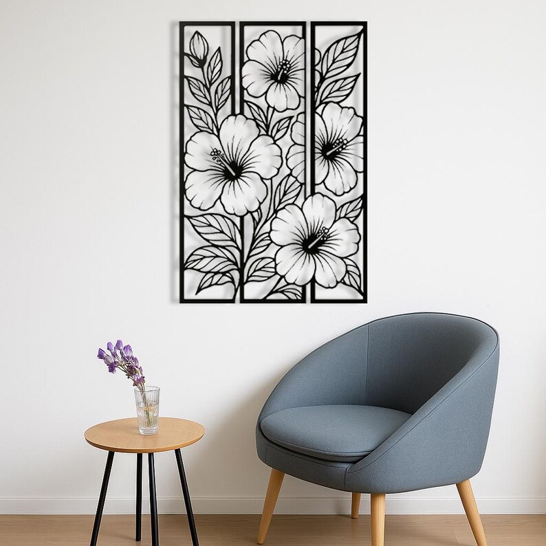 Floral Metal Wall Art Set of 3 | Black Flower Panel Wall Decor | Modern ...