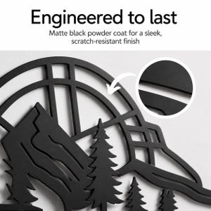 May include: A matte black metal wall art piece featuring a mountain and pine tree silhouette within a circular frame. The text reads Engineered to last, Matte black powder coat for a sleek, scratch-resistant finish. A circular inset shows detail.