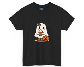 May include: Black t-shirt featuring a cute cartoon ghost holding a pumpkin spice latte and a jack-o'-lantern. The ghost wears a bow and brown boots. A fun Halloween-themed graphic tee.