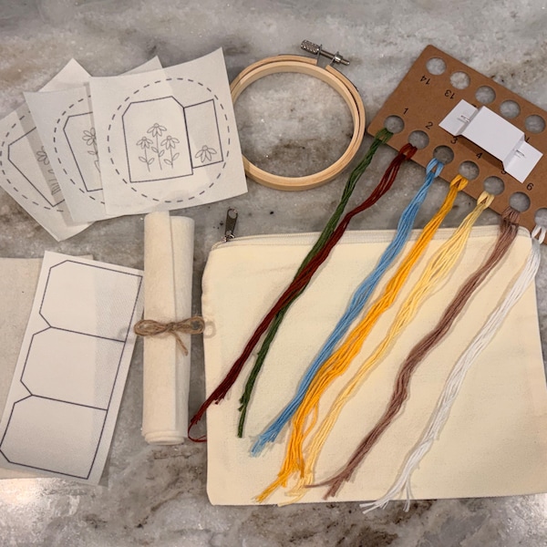 Beginner Embroidery Kit – 3 Floral Tea Bag Bookmarks (Wool, Cotton)