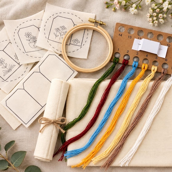 Stickset für Anfänger – 3 Lesezeichen mit Blumenmuster (Wolle, Baumwolle)