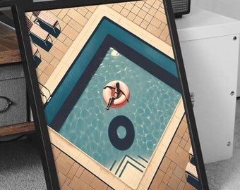 Vintage Poolside Artwork | Retro Swimming Pool Print | Mid-Century Summer Wall Art | Minimalist Pool Scene | Nostalgic Home Decor