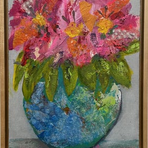May include: A painting of a bouquet of pink, orange, and yellow flowers in a blue vase. The flowers are painted in a loose, expressive style, with visible brushstrokes. The vase is textured and has a green and blue color scheme.