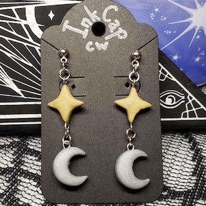Moon and Star Celestial Dangle Earrings | Handmade Polymer Clay Jewelry
