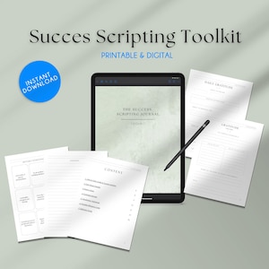 May include: A digital success scripting journal toolkit with a green and white cover. The toolkit includes a printable and digital version of the journal, a daily gratitude log, and a gratitude list. The journal has a table of contents with headings such as "The Success Scripting Journal Toolkit" and "Content".