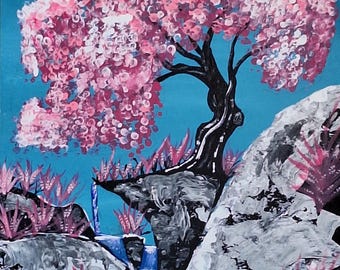 9x12, Cherry Tree Waterfall Acrylic Painting, Pink Flowers, Wall Art