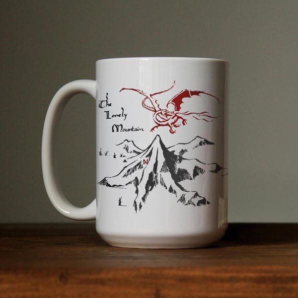 Mug The Lonely Mountain, Hobbit, Terre du Milieu, LOTR, Thorin, cadeau pour nerds, amoureux de Tolkien, Seigneur des anneaux, homme des cavernes, blanc, céramique