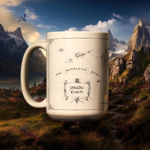 Mittelerde Karte Becher 15 Unzen, Herr der Ringe, Geschenk für Nerds, Tolkien-Liebhaber, Herr der Ringe, Manneshöhle, weiß, Keramik