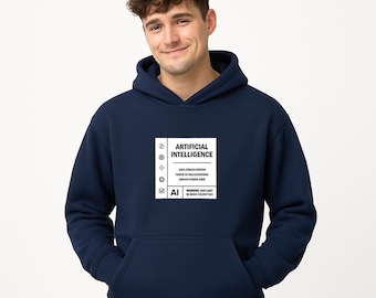 AI Warning Label Hoodie, Fake Care Label Satire, AI Skeptic Apparel, Unisex Adult