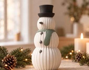Ribbed Snowman Made from PLA | Modern Winter Decoration from a 3D Printer | Customizable with Colored Scarf