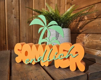 3D Printed Summer Decor • "Finally Summer" Lettering • Tropical Palm Tree Decor • Summer Gift • Beach Decor • Seasonal Table Decor