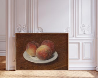 Three Peaches on a Plate Oil Painting, Peaches Still Life Vintage Art Print