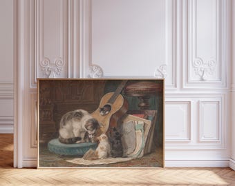 ヴィンテージチェアの上の遊び心のある子猫のアート | 素朴な猫の