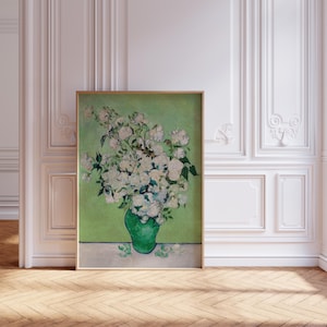 Rosas de Vincent van Gogh, cuadro impresionista, estampado de flores blancas, estampado floral vintage