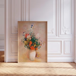 Odilon Redon Print, Vase of Flowers Pink Background, Vintage Still Life Painting, Antique Living Room Flower Wall Art
