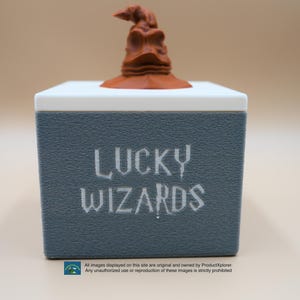 Pu&ograve; includere: Una scatola grigia con le parole "LUCKY WIZARDS" stampate in bianco. Un Cappello Parlante marrone della serie Harry Potter si trova sopra la scatola.