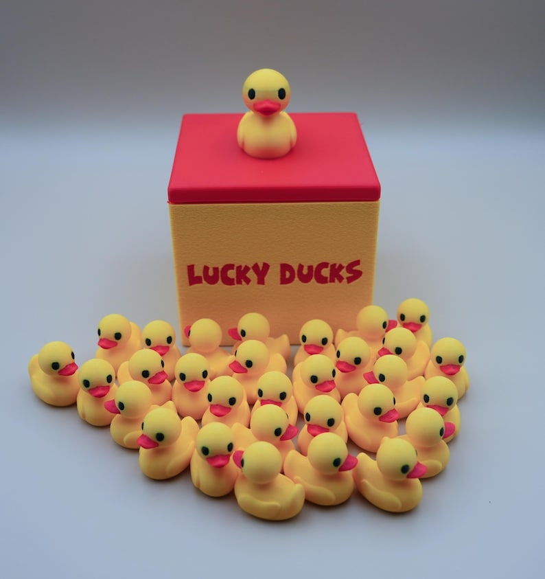 May include: A yellow box with the words "Lucky Ducks" printed on the front. A yellow rubber duck sits on top of the box. There are 20 smaller yellow rubber ducks scattered around the box.