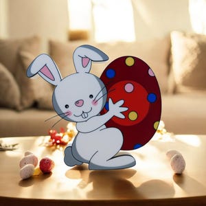 Easter Bunny Decor 3D Printed White Bunny Holding Egg Easter Table Centerpiece Spring Home Accent Easter Shelf Display Modern Decoration