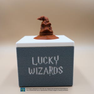 Pu&ograve; includere: Una scatola grigia con le parole "LUCKY WIZARDS" stampate in bianco. Un cappello di smistamento 3D stampato in marrone si trova sopra la scatola.