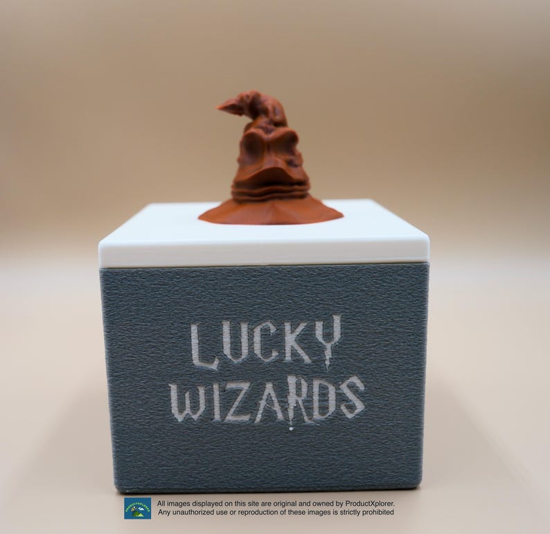 Pu&ograve; includere: Una scatola grigia con le parole "LUCKY WIZARDS" stampate in bianco. Un cappello di smistamento 3D stampato in marrone si trova sopra la scatola.