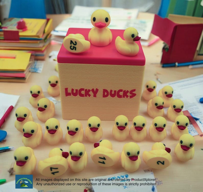 May include: A yellow box with the words "LUCKY DUCKS" printed on the front. The box is filled with yellow rubber duckies, each with a number printed on the bottom. The numbers on the ducks are 25, 11, 17, and 2.