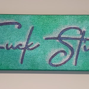 May include: A rectangular canvas with the words "Fuck Stick" in a cursive font. The text is a dark blue color with a white outline, set against a green background.