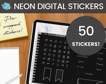 White NEON Digital Sticker set - 50 stickers (pre-cropped PNG files) for digital planning