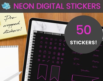 Pink NEON Digital Sticker set - 50 stickers (pre-cropped PNG files) for digital planning