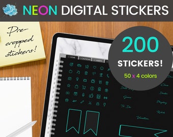 NEON Digital Sticker set - 200 stickers (pre-cropped PNG files) for digital planning