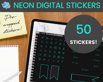Blue NEON Digital Sticker set - 50 stickers (pre-cropped PNG files) for digital planning