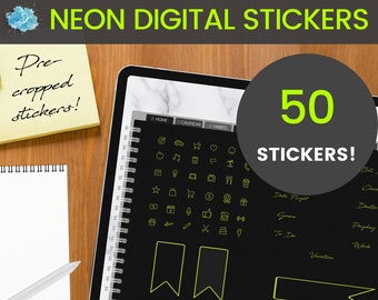 Green NEON Digital Sticker set - 50 stickers (pre-cropped PNG files) for digital planning