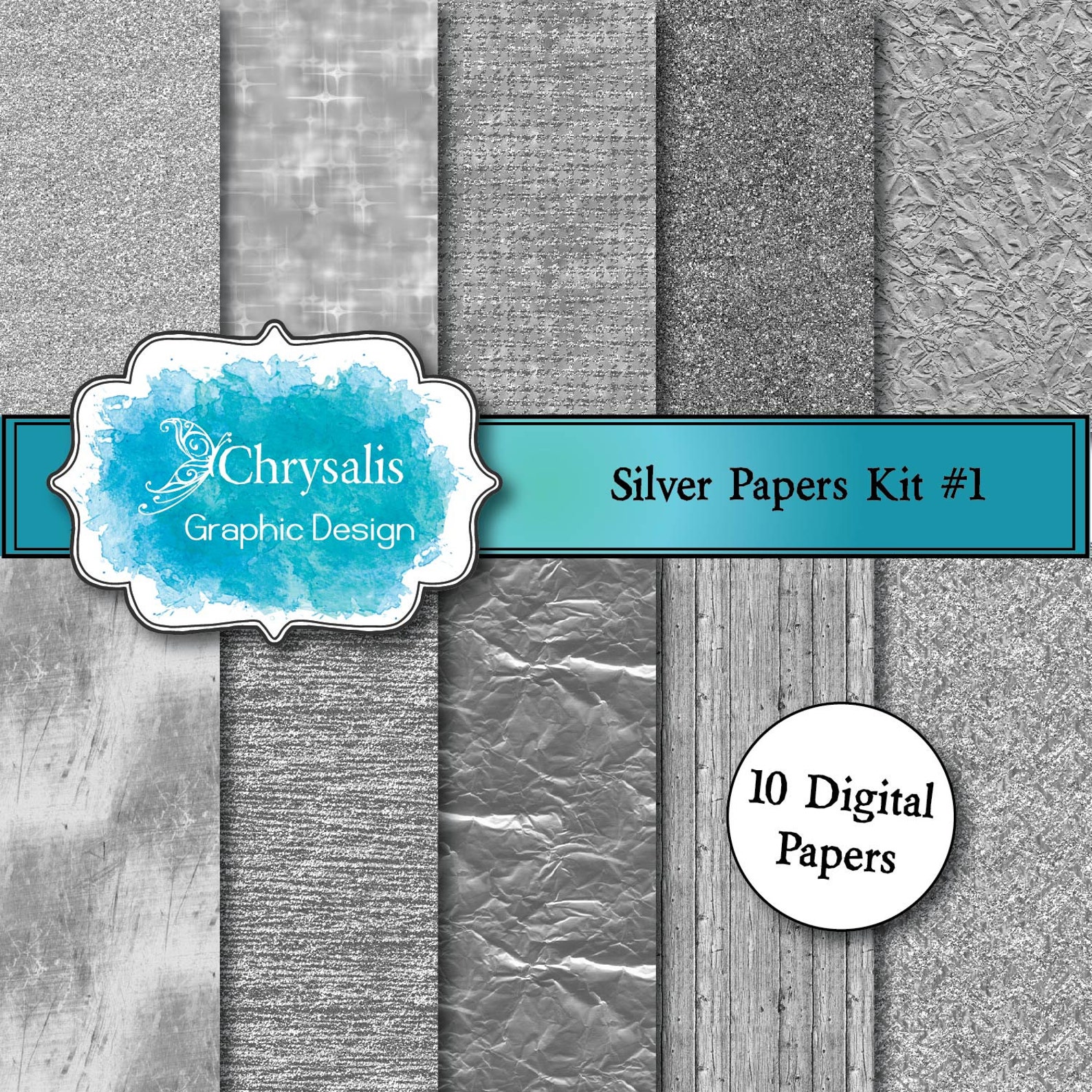 SILVER Digital Scrapbook Papers Kit 1 set of 10 Etsy