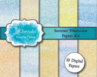 SUMMER watercolor digital scrapbook papers (set of 10)