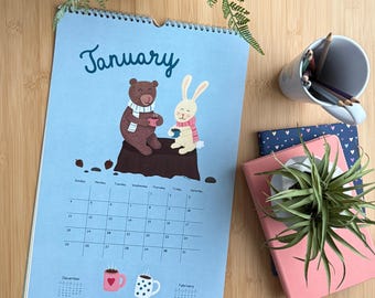 Cozy Critters 2026 Illustrated Wall Calendar – Hand Drawn Animal Art – Whimsical Woodland Appointment Calendar – Bunny Fox Hedgehog Gift