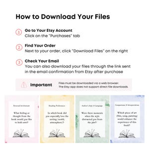 May include: A digital download guide with instructions on how to download files from Etsy. The guide includes numbered steps and text, with a warning about using a web browser. Four cards with book-related questions are also shown.