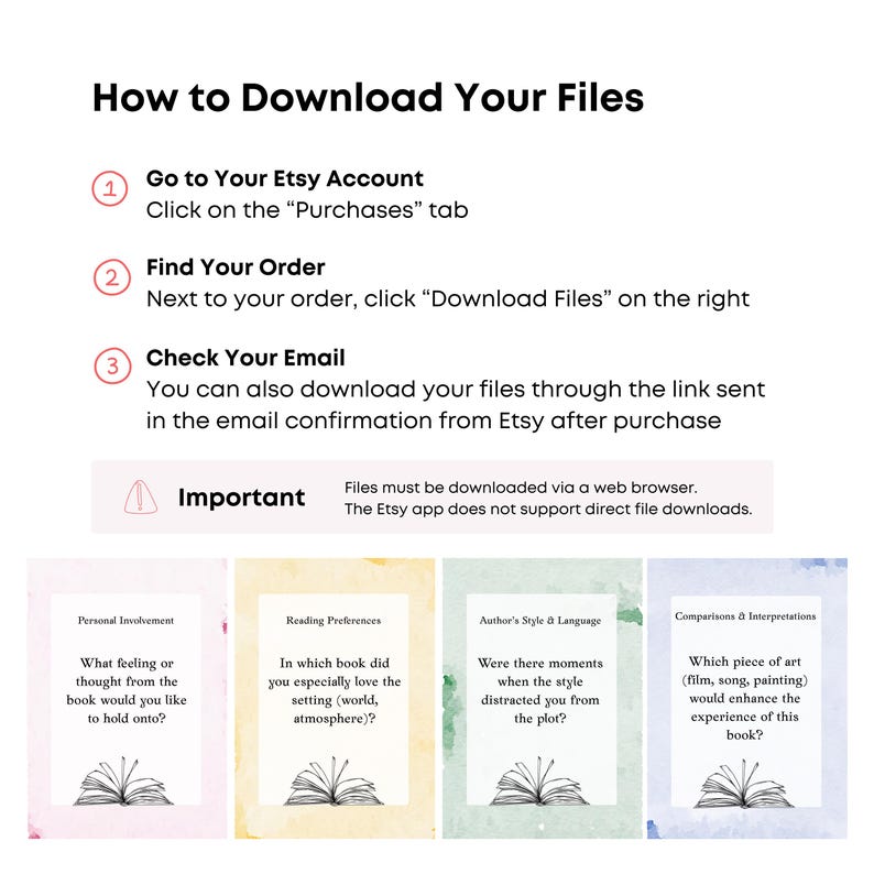 May include: A digital download guide with instructions on how to download files from Etsy. The guide includes numbered steps and text, with a warning about using a web browser. Four cards with book-related questions are also shown.