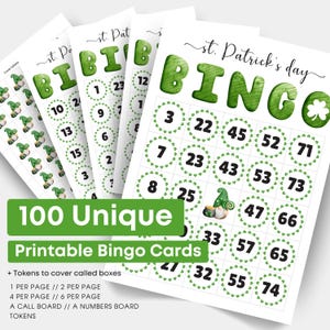 100 St. Patrick's Day-bingokaarten pdf | 1, 2, 4, 6 per pagina | Grote print | Familiefeestspelset direct downloaden | St. Paddy's Activity