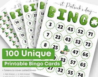 100 St. Patrick's Day Bingo Cards PDF | 1, 2, 4, 6 Per Page | Large Print | Instant Download Family Party Game Set | St. Paddy's Activity