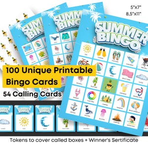 Jogo de Bingo de Verão para Imprimir | 100 Cartões Exclusivos + 54 Cartões de Visita | Diversão para Festas de Aniversário, Festas do Pijama e Escola | Atividade para Acampamento de Verão