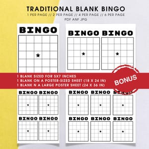 Printable Blank Bingo Card Template DIY | 1, 2, 4, and 6 Per Page | Black and White | Letter and Large Poster Sizes | Instant PDF Download