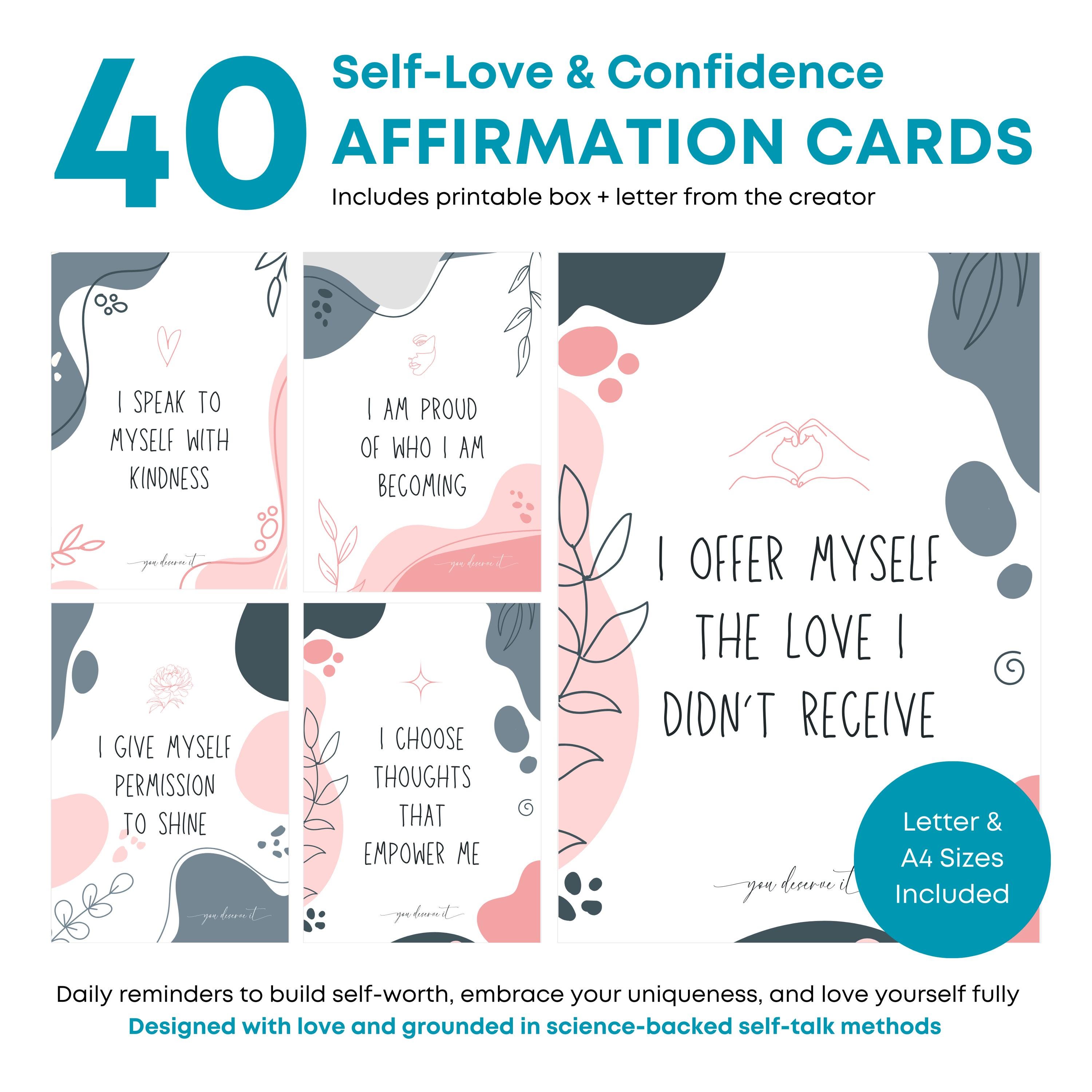 Printable Affirmation Cards for Women | 40 Self-Love & Confidence Cards | Includes Gift Box | PDF + PNG | Therapy Tool | Instant Download