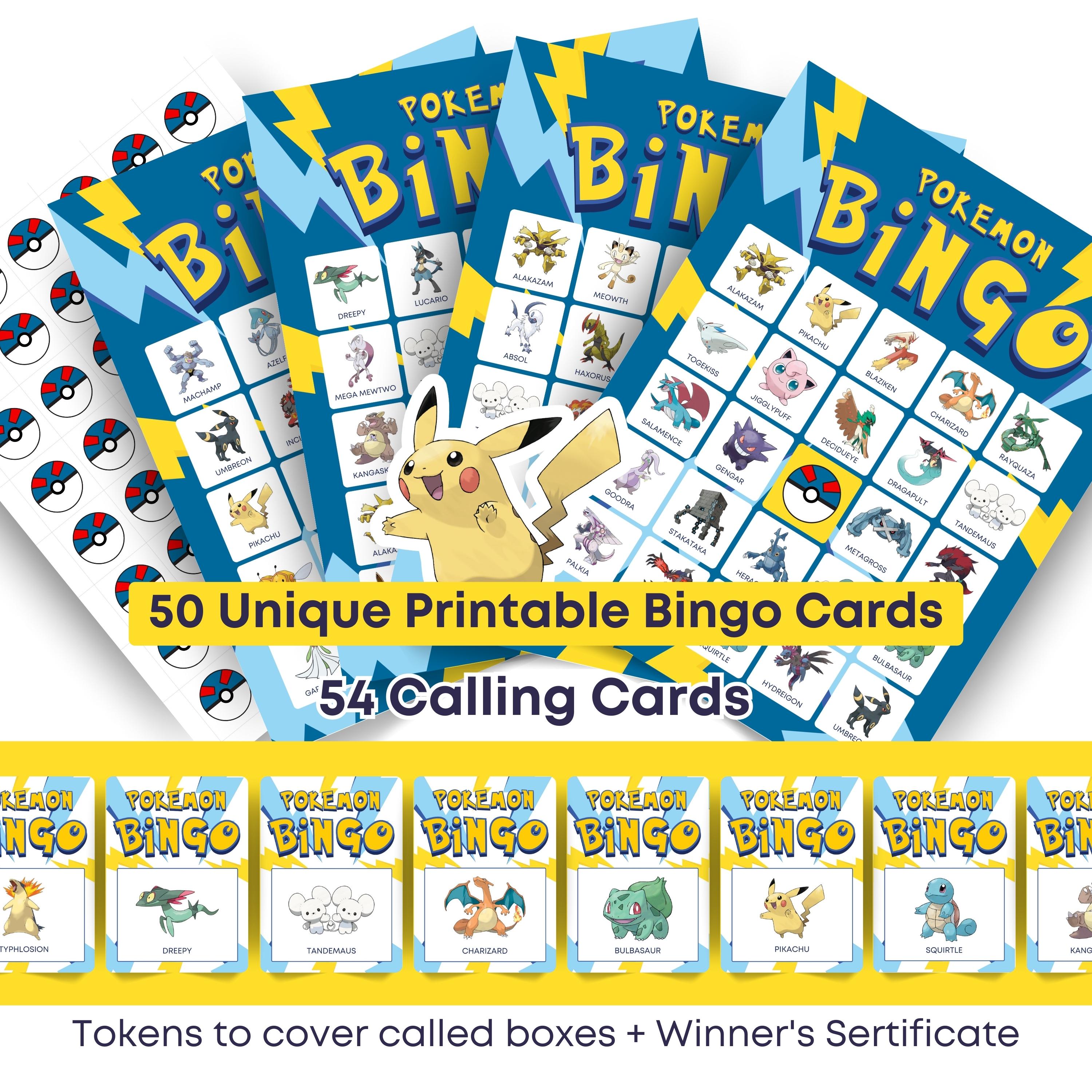 Printable Poke Bingo Game | 50 Unique Cards + 54 Calling Cards | Fun Bingo for Birthday Parties, Sleepovers and school | Catch ‘Em All
