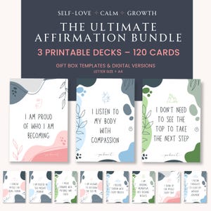 Paquete de 120 tarjetas de afirmación imprimibles para el amor propio, la calma y la motivación / 3 barajas + cajas de regalo + uso digital / Descarga instantánea en PDF