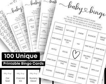 Printable Baby Shower Bingo | 100 Unique Baby Bingo Cards + 48 Calling Cards | Fun Minimalist Baby Gift Bingo Game | Digital Download