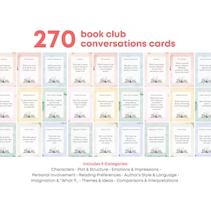 May include: A set of 270 book club conversation cards, arranged in a grid. The cards feature pastel backgrounds and questions designed to prompt discussion. The image includes the text "Includes 9 Categories:" and a list of the categories, such as Characters and Plot & Structure.