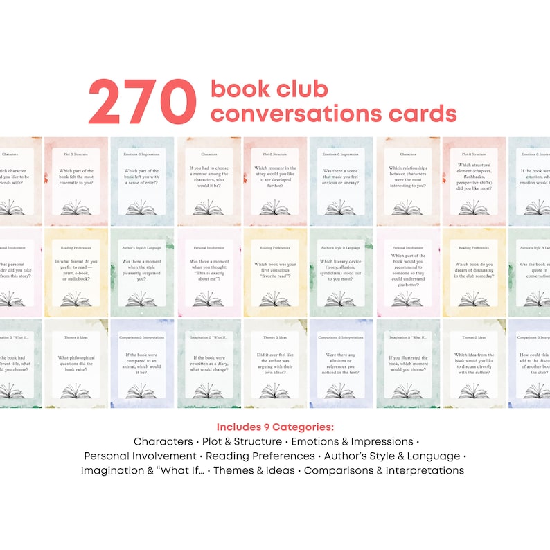 May include: A collection of 270 book club conversation cards. The cards are arranged in rows and columns, with a variety of pastel colors. The text on the cards includes questions to spark discussion. The image also includes the text "Includes 9 Categories:" and a list of the categories.