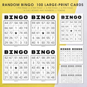 100 Cartões de Bingo Aleatórios Exclusivos PDF Download | 1, 2, 4, 6 por página | Letras grandes | Download instantâneo Conjunto de jogos para festas familiares | Preto e branco